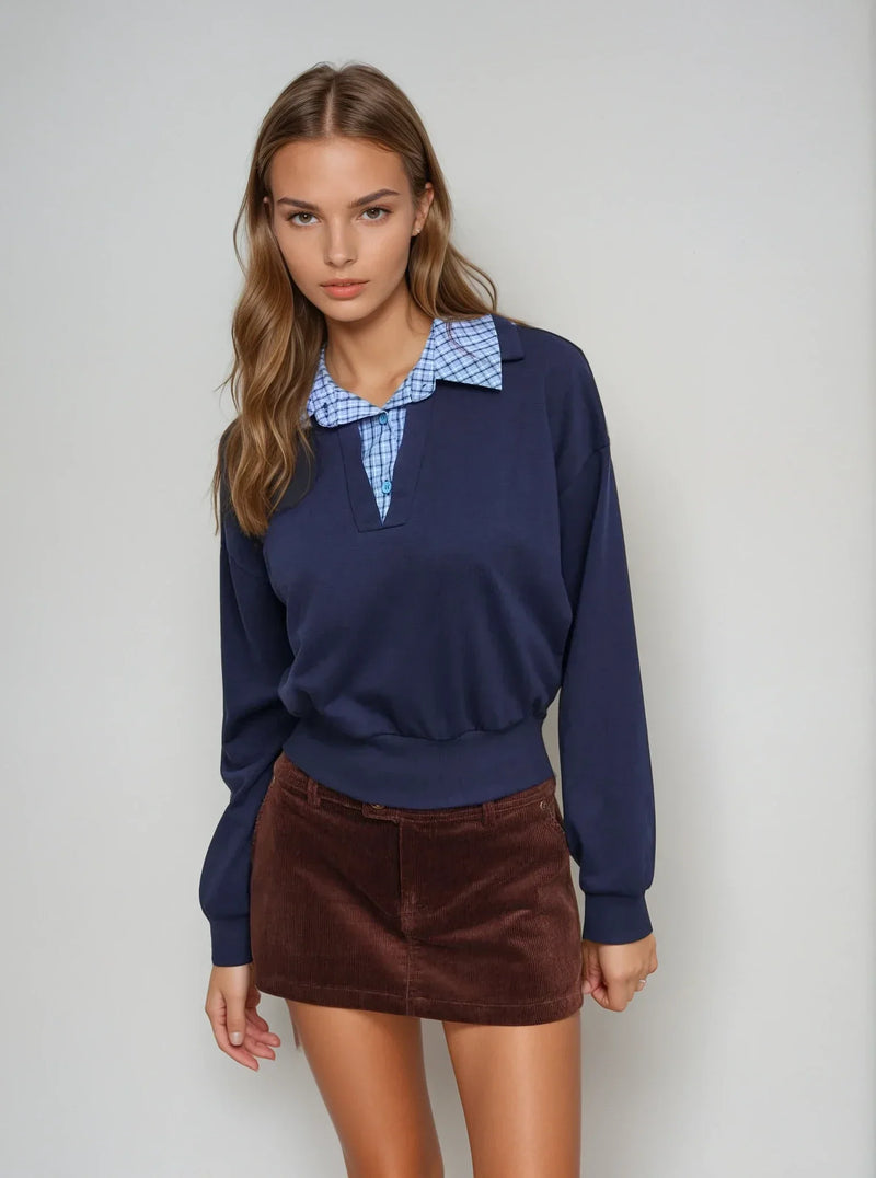 Sweatshirt mit Frottee-Kragen und Karomuster