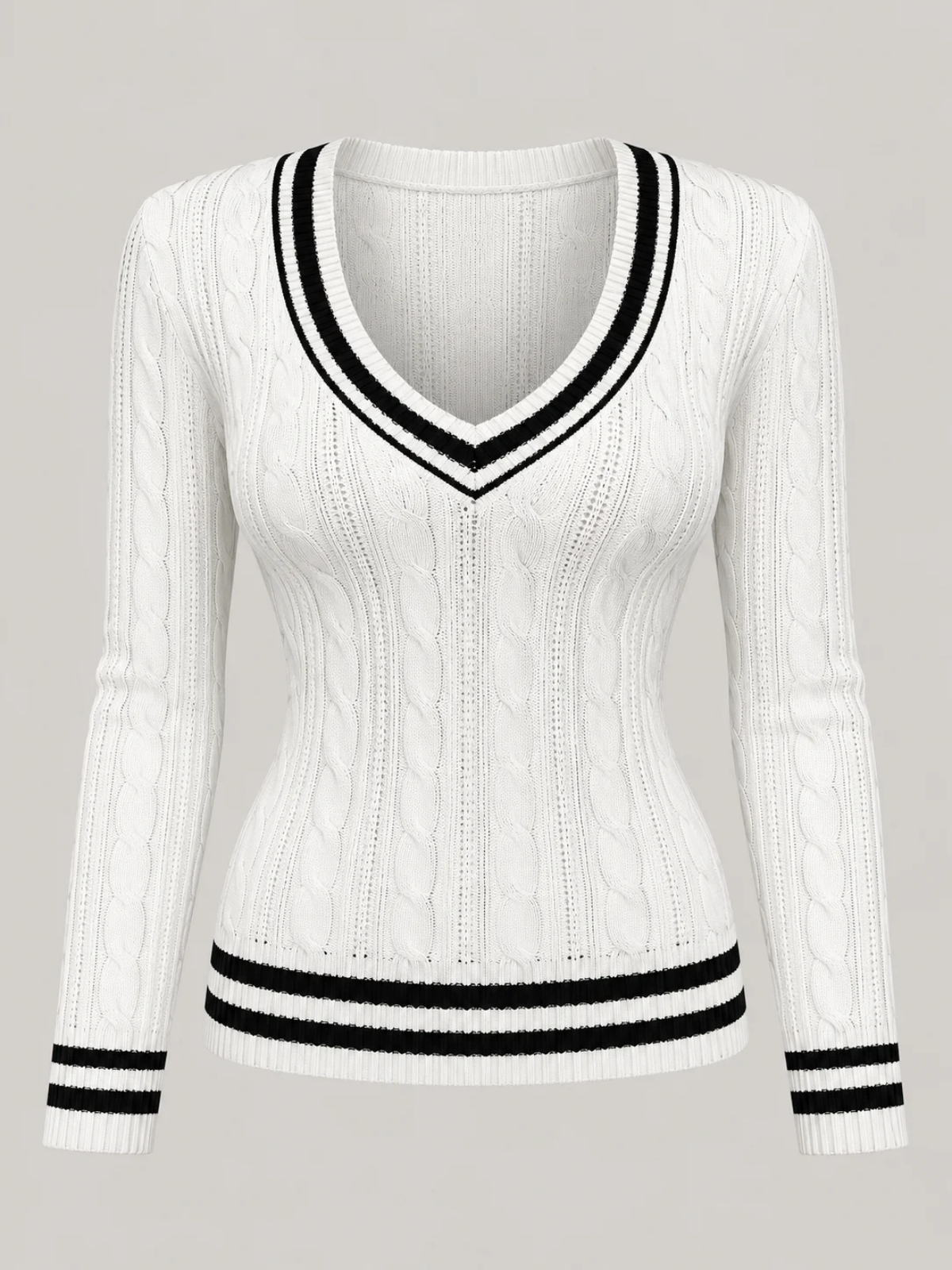 Contrast Trim Cable Knit V-Neck Sweater