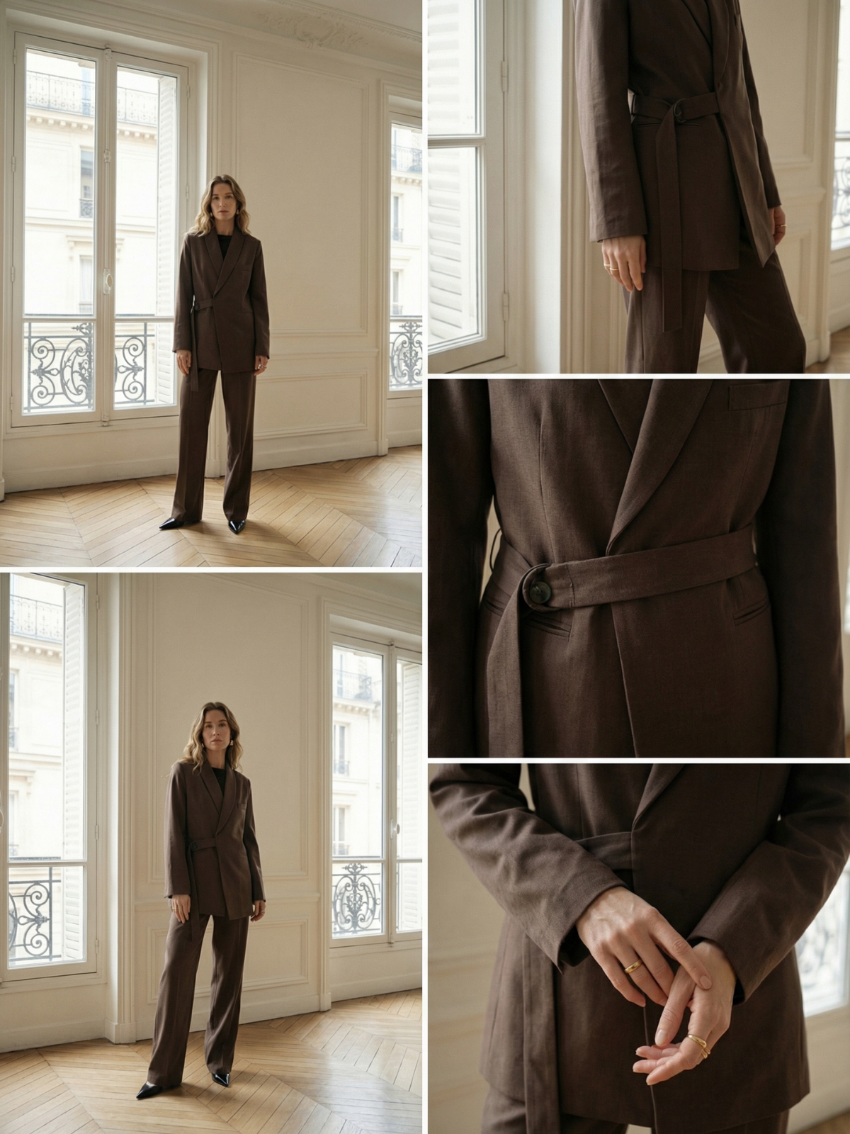 Notched Collar Jacket And Pants Office Suit Coffee Brown