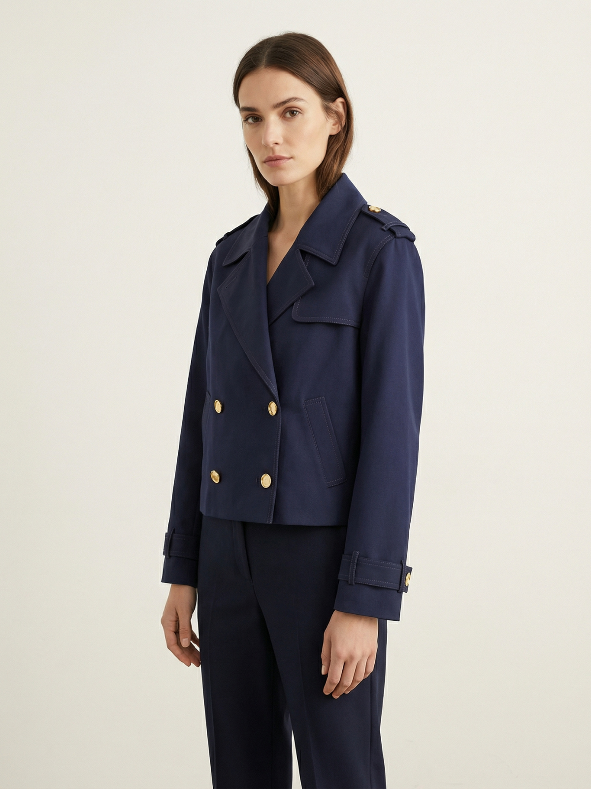 Navy Cropped Double Breasted Trench Jacket With Vintage Lapel Collar Long Sleeves