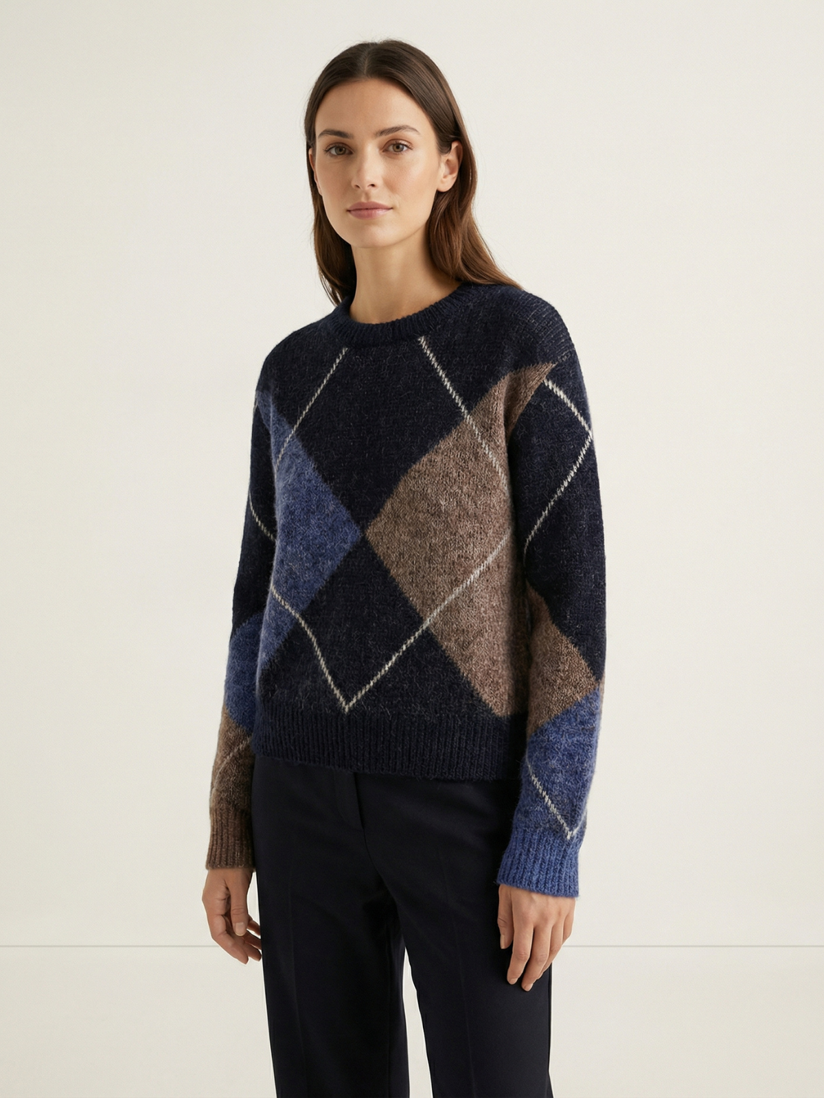Long Sleeve Argyle O Neck Knit Pullover