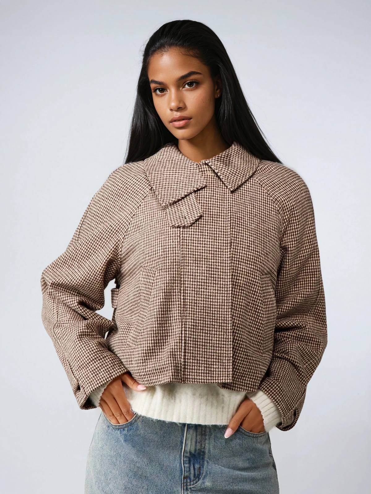 Gesteppte Jacke mit Hahnentrittmuster und hohem Kragen, Oversize-Mantel für kaltes Wetter