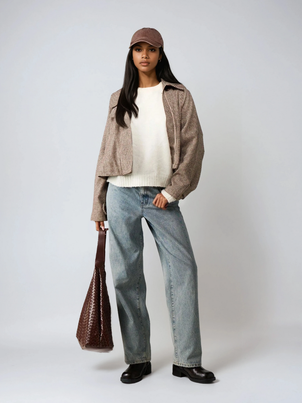 Gesteppte Jacke mit Hahnentrittmuster und hohem Kragen, Oversize-Mantel für kaltes Wetter