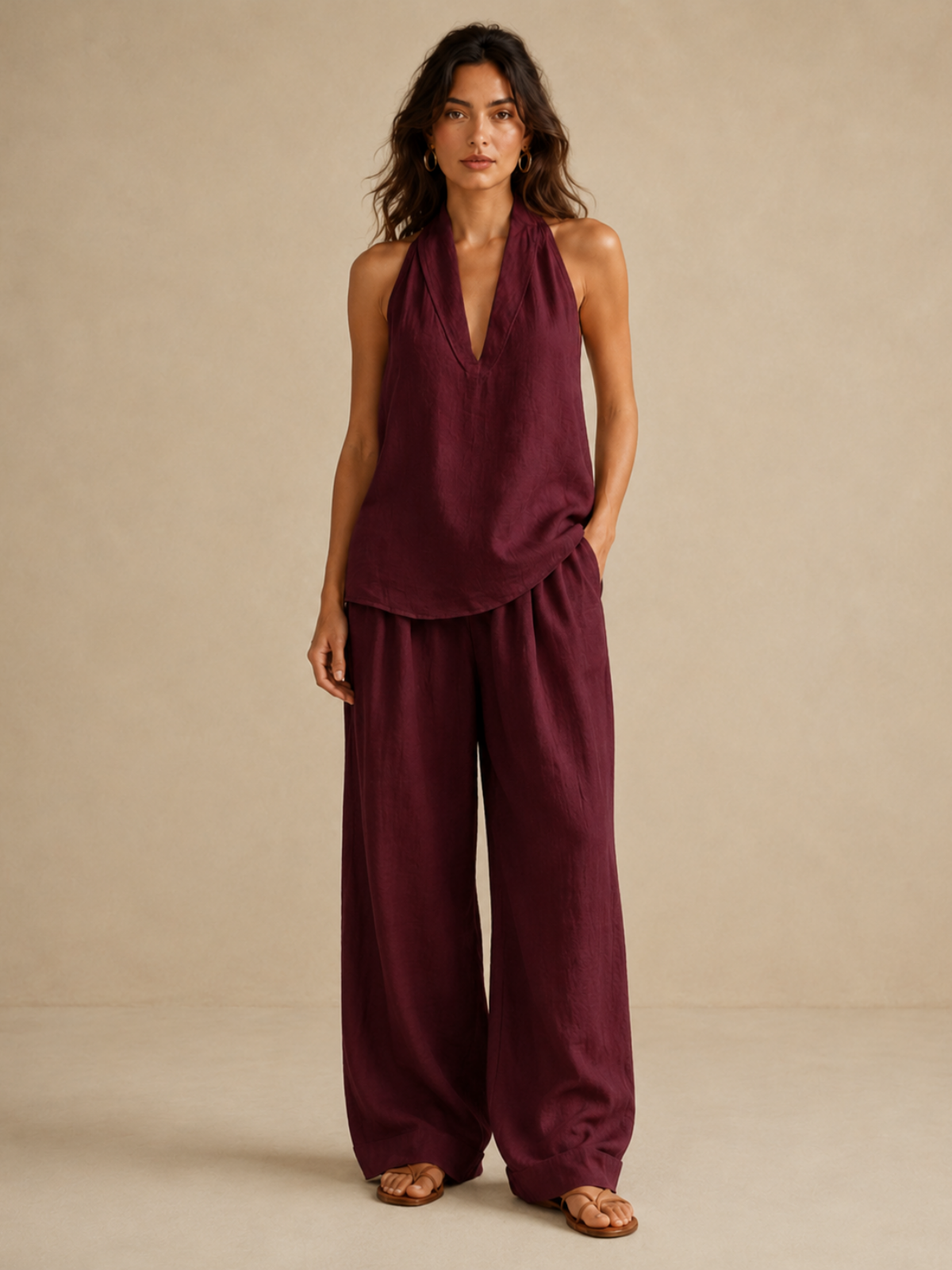 Elegantes Neckholder-Top und Hose mit weitem Bein, Kombiteil
