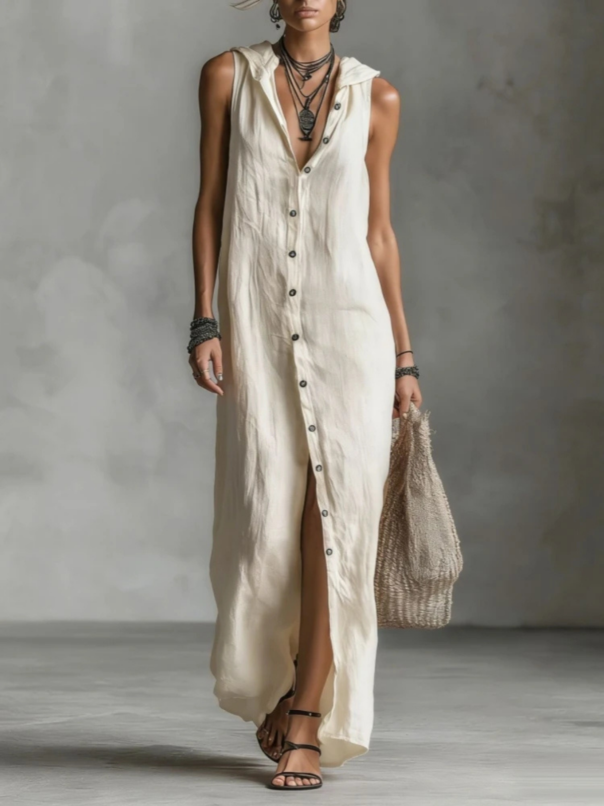 Coastal Style Maxi Dress – Casual Sleeveless Hooded Summer Dress
