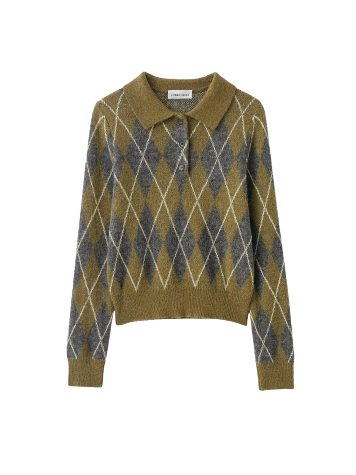 Eleganter Strickpullover mit Rautenmuster, Reverskragen, Knopfleiste und langen Ärmeln.